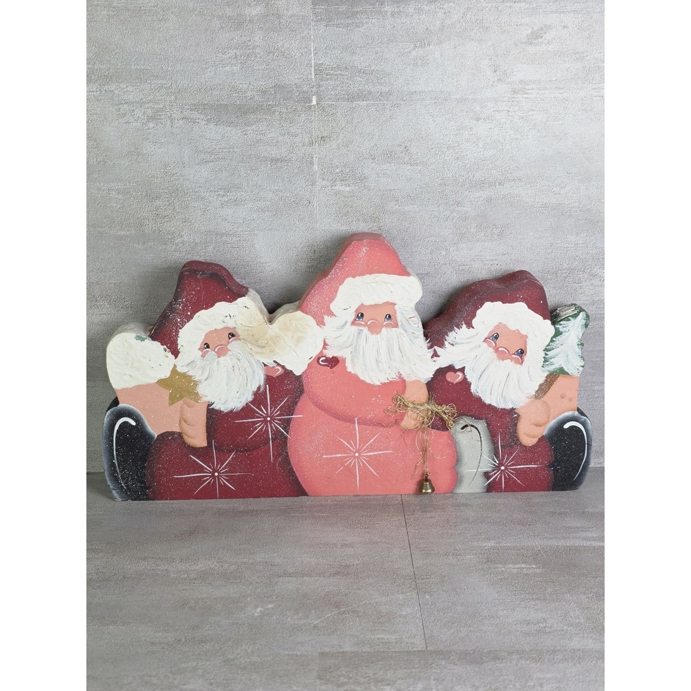 VTG Wooden Three Smiling Santa Claus Handpainted W.Bell Shelf Christmas Decor